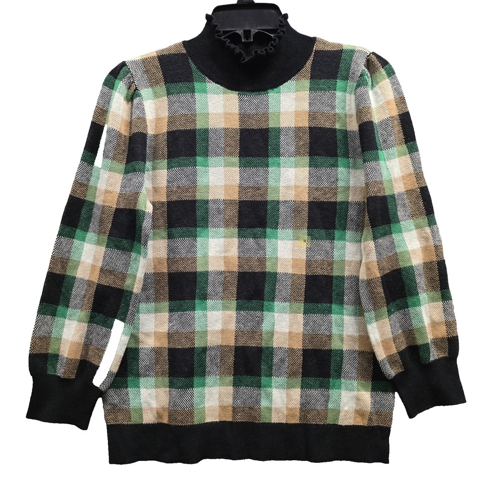 Ann Taylor Ruffled Turtleneck Cotton Blend Sweater Women's Medium Academia Check